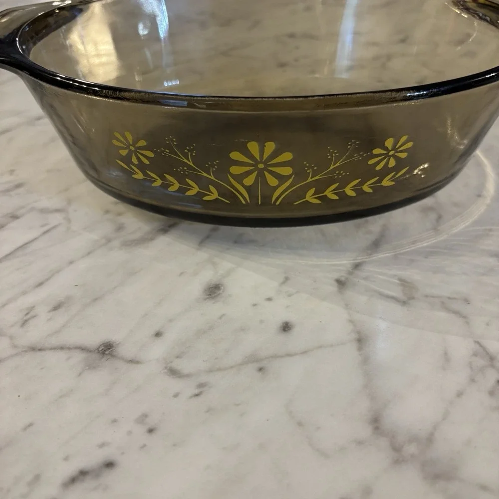 Vintage Glasbake Oval Amber Casserole Dish W Lid Yellow Daisy Flowers‎